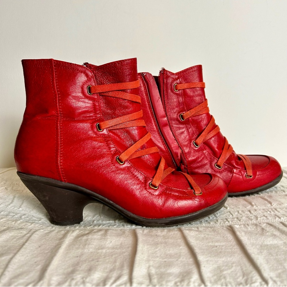 Miz Mooz Red Leather Lace Kitten Heel Boots